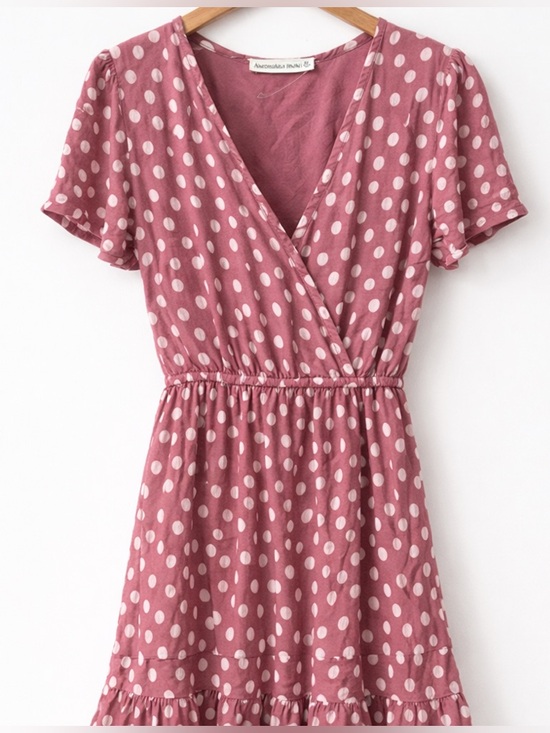 Abercrombie & Fitch Dresses & Skirts - Abercrombie Mauve Polka Dot Mini Dress Cottagecore Ruffle Hem V Neck Size M